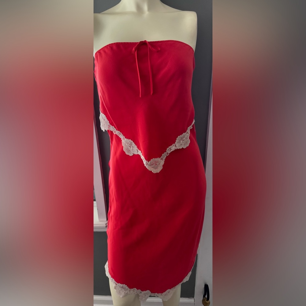 Vtg Stanley Red silk Chemise dress with lace trim S/M